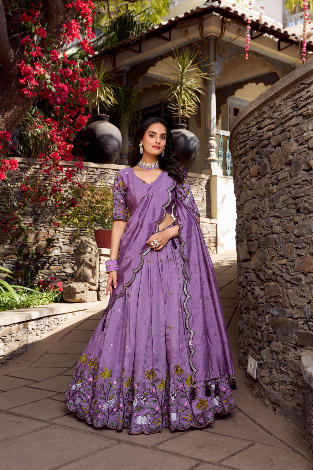 Lavender Vichitra shimmer sequins thread embroidery work lehenga choli