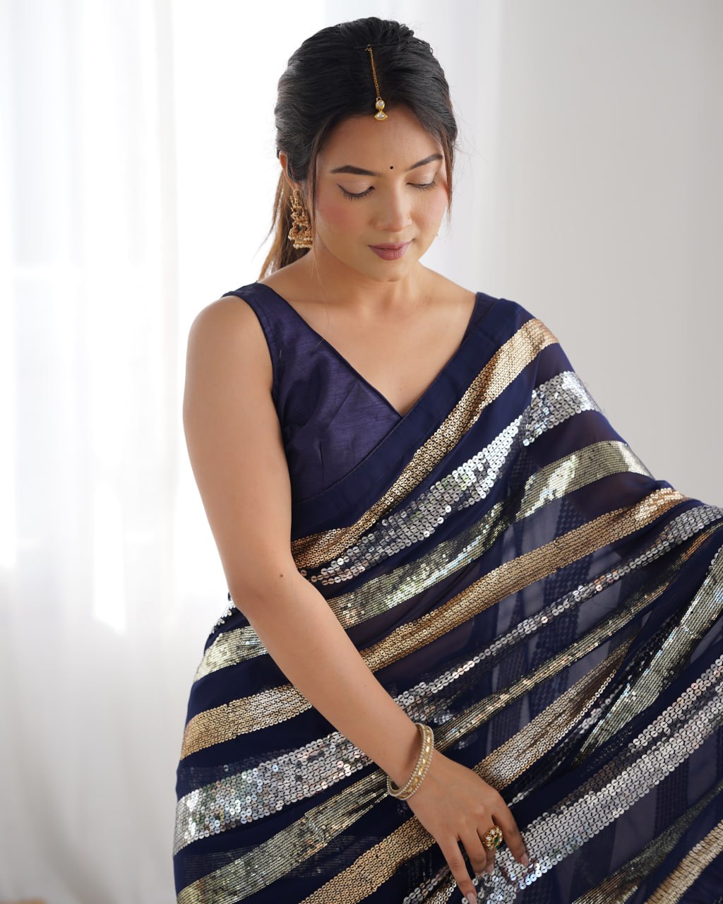 Kira Deep Blue Sequin Embroidery Georgette Saree