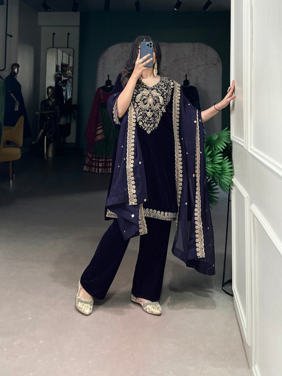 Velvet kurta set for women, navy blue embroidered suit, party wear kurti with dupatta, winter ethnic wear for weddings, Trinaari premium collection.