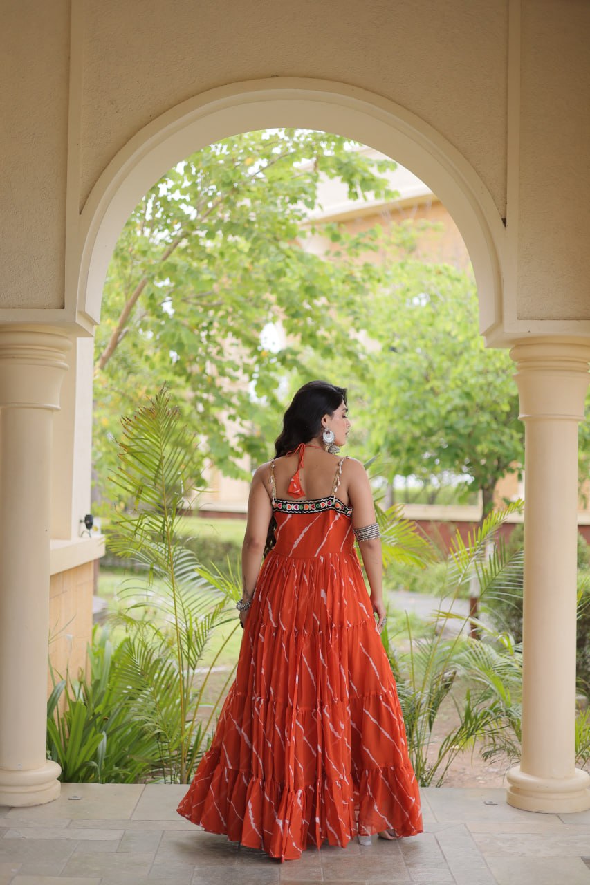 Bhavna Orange Faux Georgette Laheriya Kutchi Patchework Gown