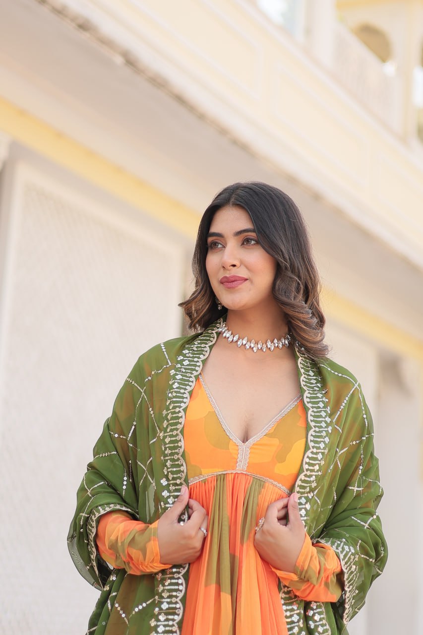 Savitri russian silk printed alia cut orange anarkali suit set