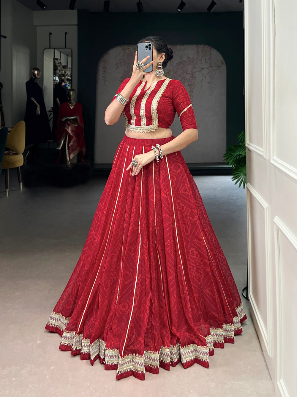Red Chiffon Bandhej Print Gota Patti Lace Work Lehenga Choli
