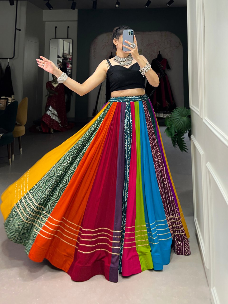 Multicolour pure rayon printed Gota Patti and mirror lace work lehenga