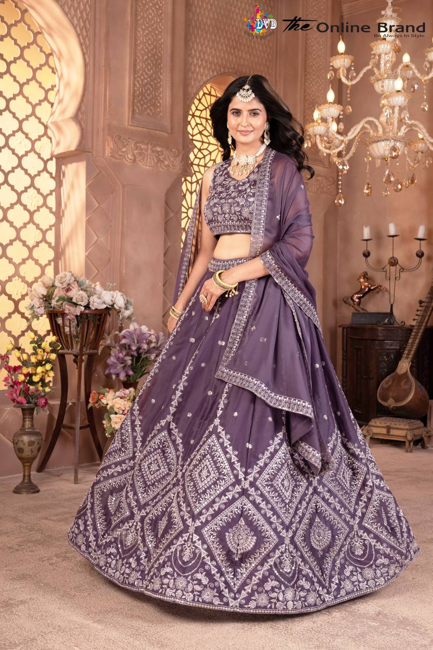 Purple star georgette sequins embroidered lehenga choli with dupatta