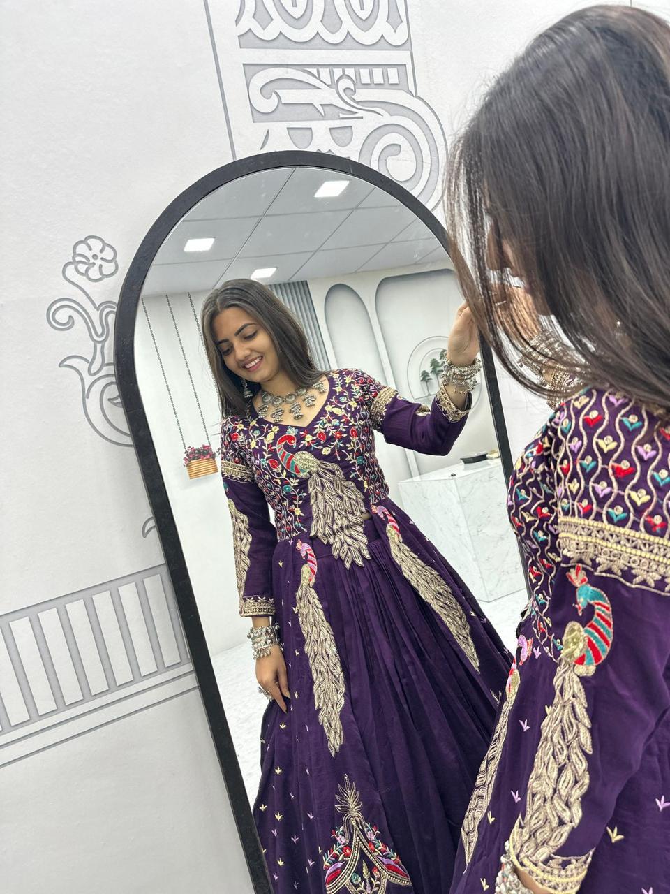 Mani purple Vichitra silk crop top peacock design lehenga with embroidered shrug