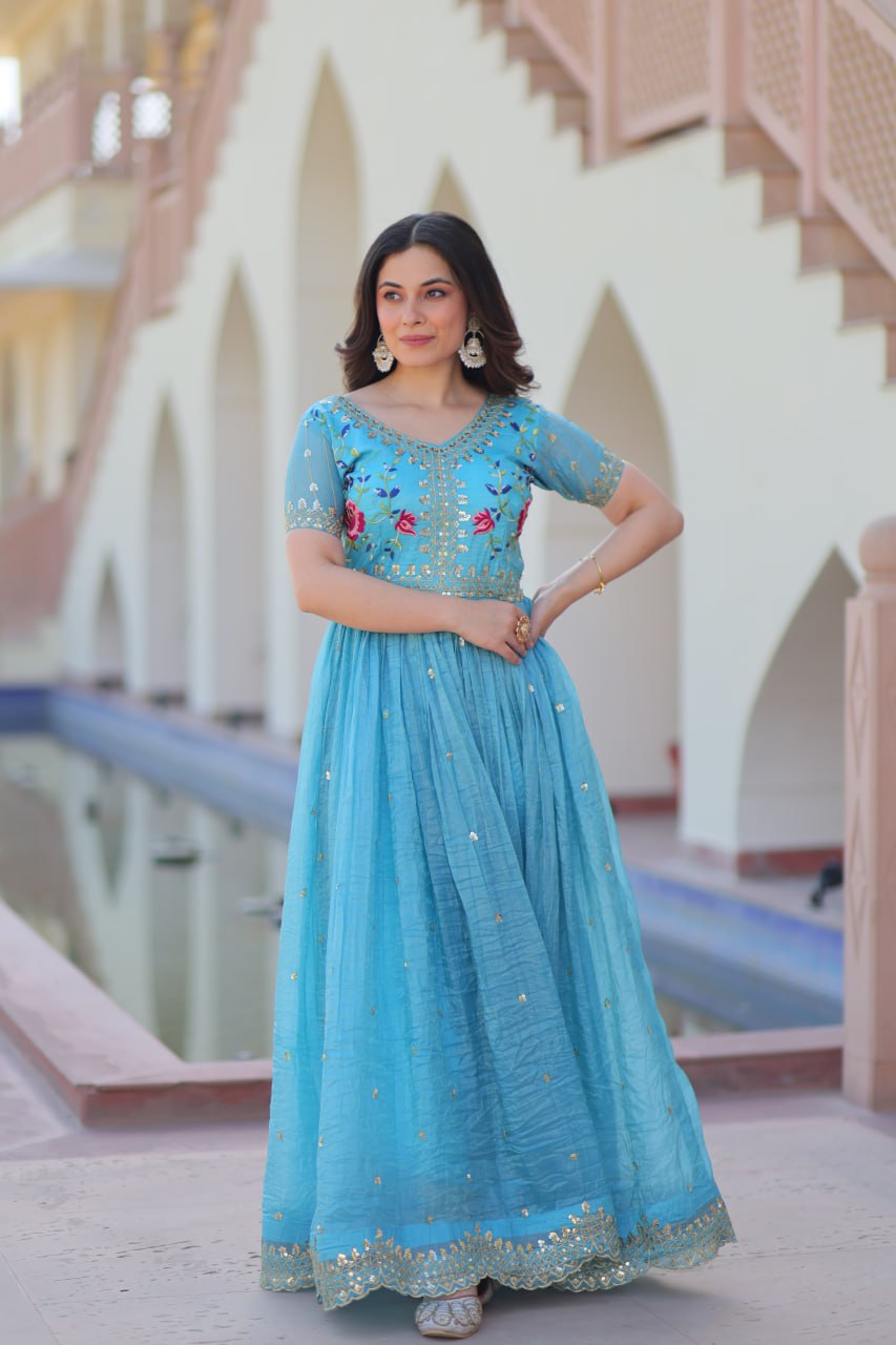 Sky Blue Gold Crush Zari Sequins Work Embroidered Gown