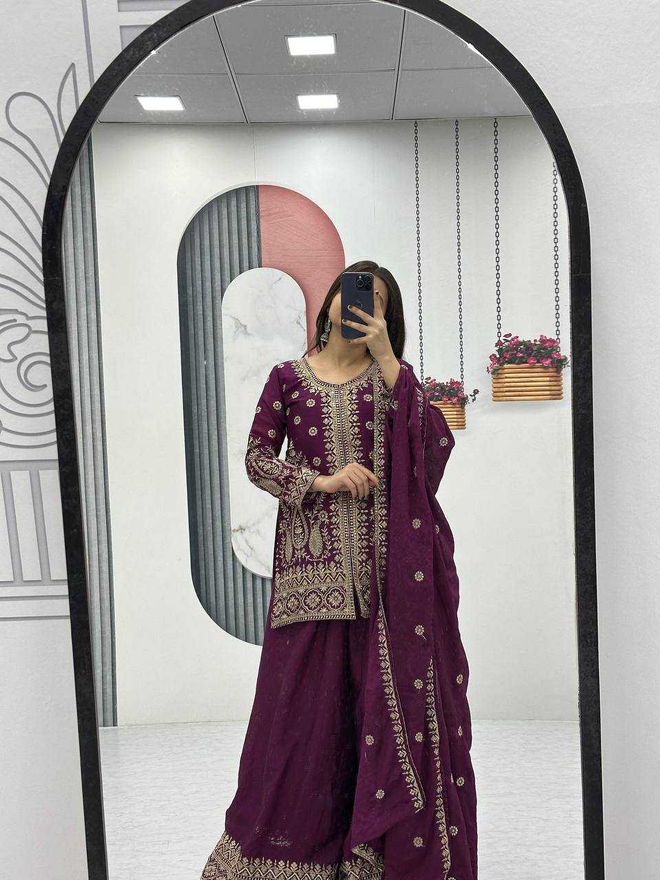 Enya purple Chinon kurti palazzo set with thread sequence embroidery work