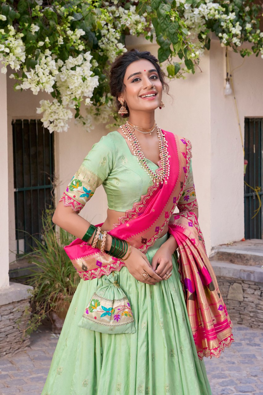 Pisa Green Jacquard Silk Paithani Lehenga Choli with Dupatta & Batwa