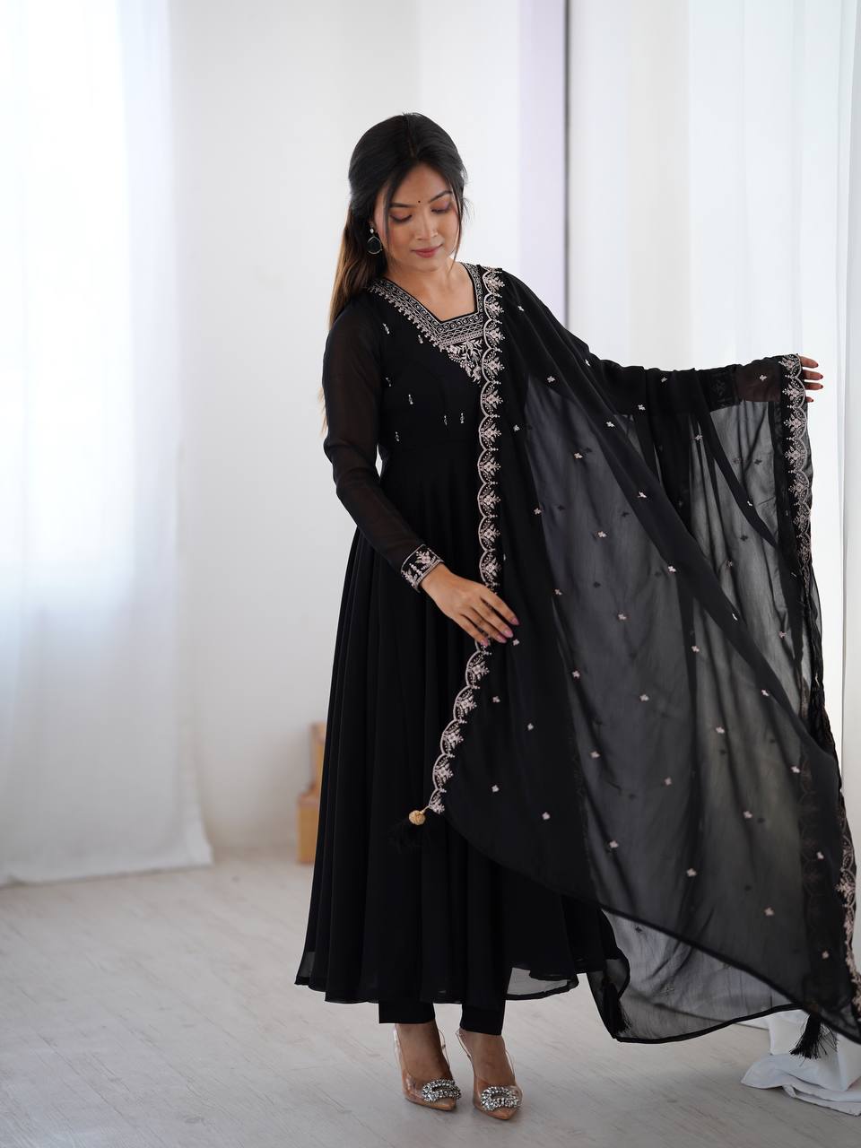 black Anarkali suit in soft Fox Georgette with 6.5-meter flair, beads & zari embroidery, lace sleeves & embroidered dupatta – stitched & ready-to-wear.
