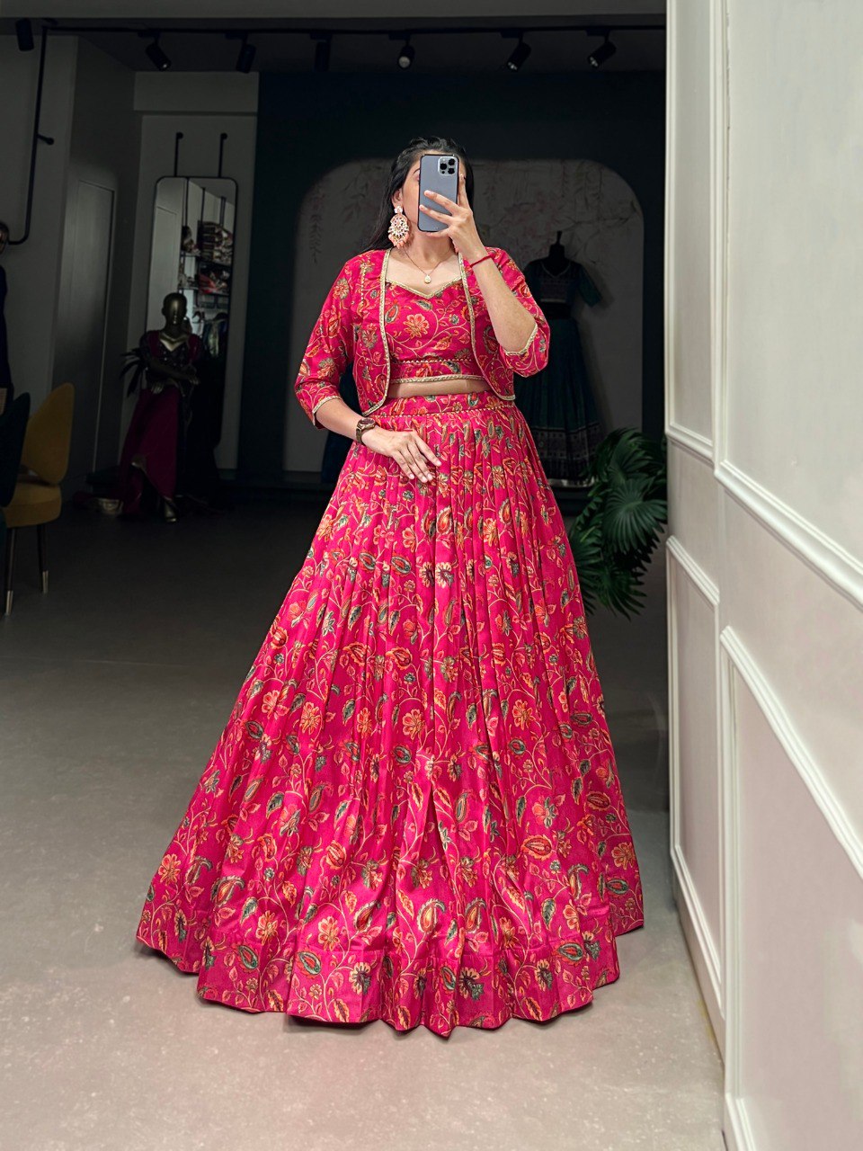 Pink Color Tasar Silk Floral Print Lehenga with Blouse and Koti