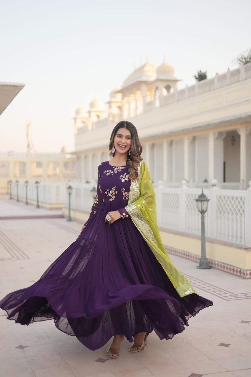 Satyabhama purple georgette anarkali gown set