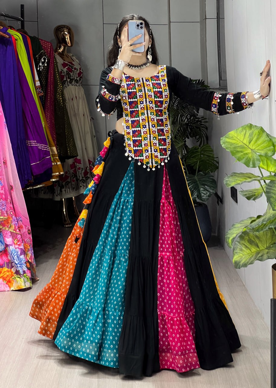 Black multicolor rayon cotton Bandhani print Kutchi mirror work top lehenga