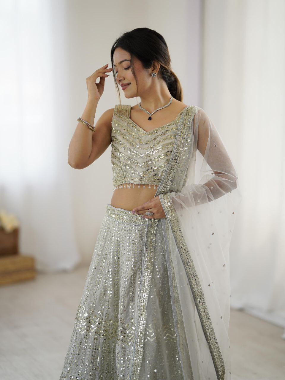 Silver grey georgette sequins and dori work lehenga choli with dupatta