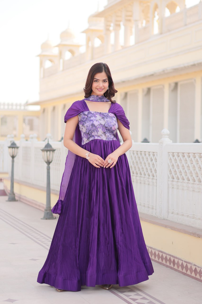 Shanta chinon purple printed anarkali gown set