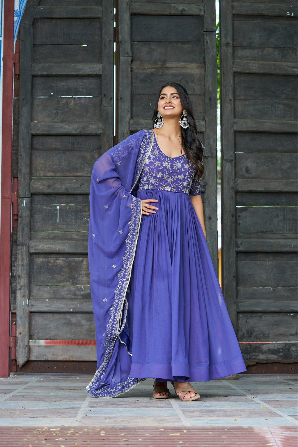 Rahi Lavender Color Faux Blooming Sequins Beads Embroidered Gown with Dupatta