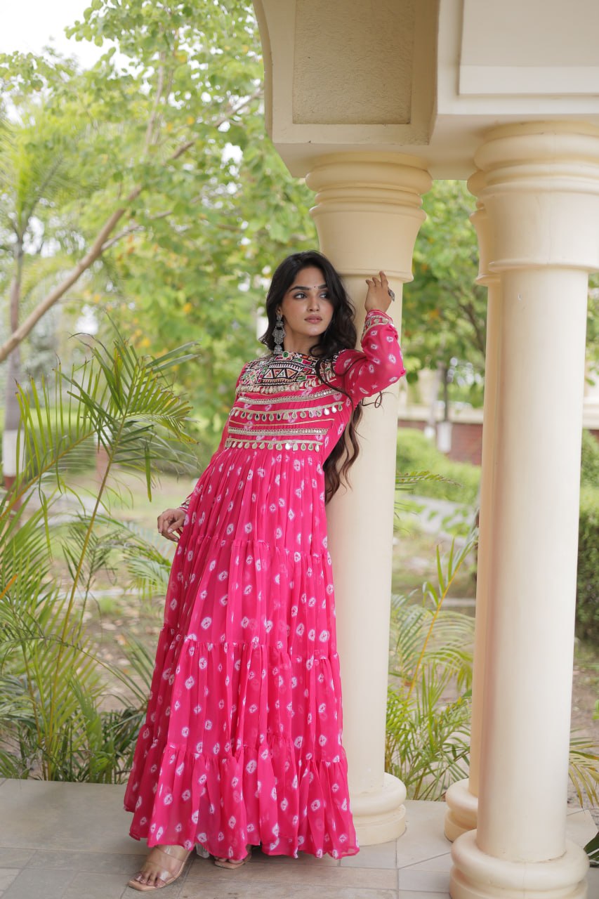 Lavanya Pink Faux Georgette Bandhani Kutchi Patchwork Gown