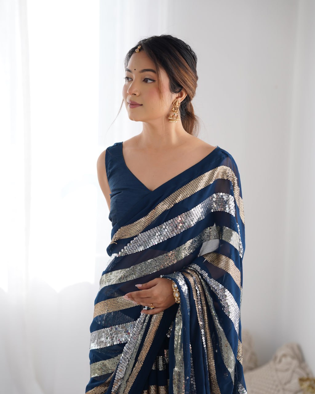 Kira Navy Blue Sequin Embroidery Georgette Saree