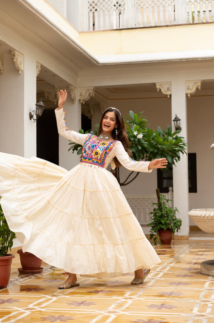 Off-White Kora Cotton Kutchi Gamthi Mirror Work and Kodi Lace Gown