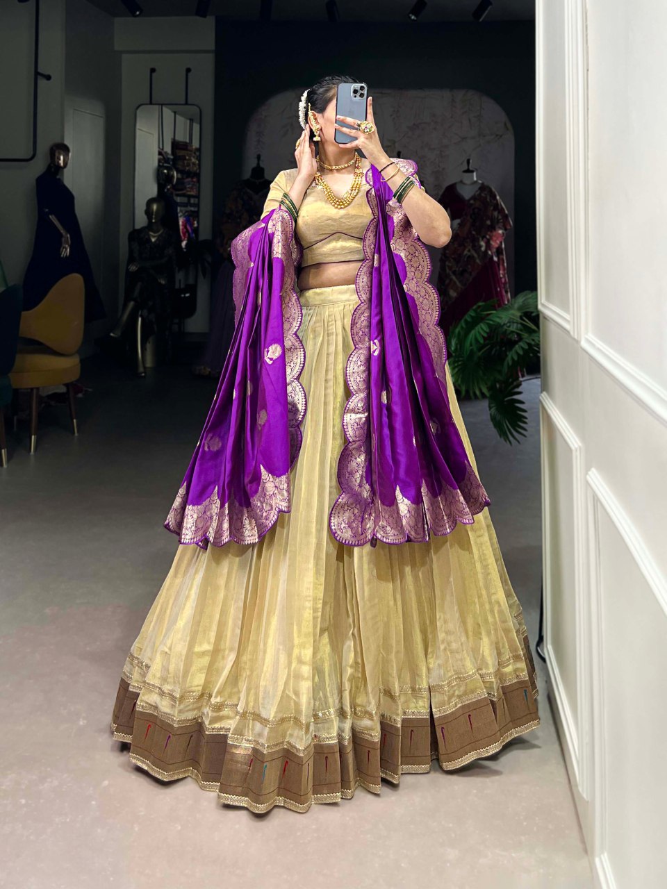 Cream Silk Lehenga Choli with Paithani Lace Border & Jacquard Zari Dupatta