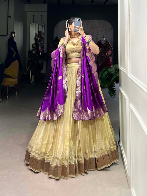 Cream silk lehenga choli with Paithani lace border and jacquard zari dupatta