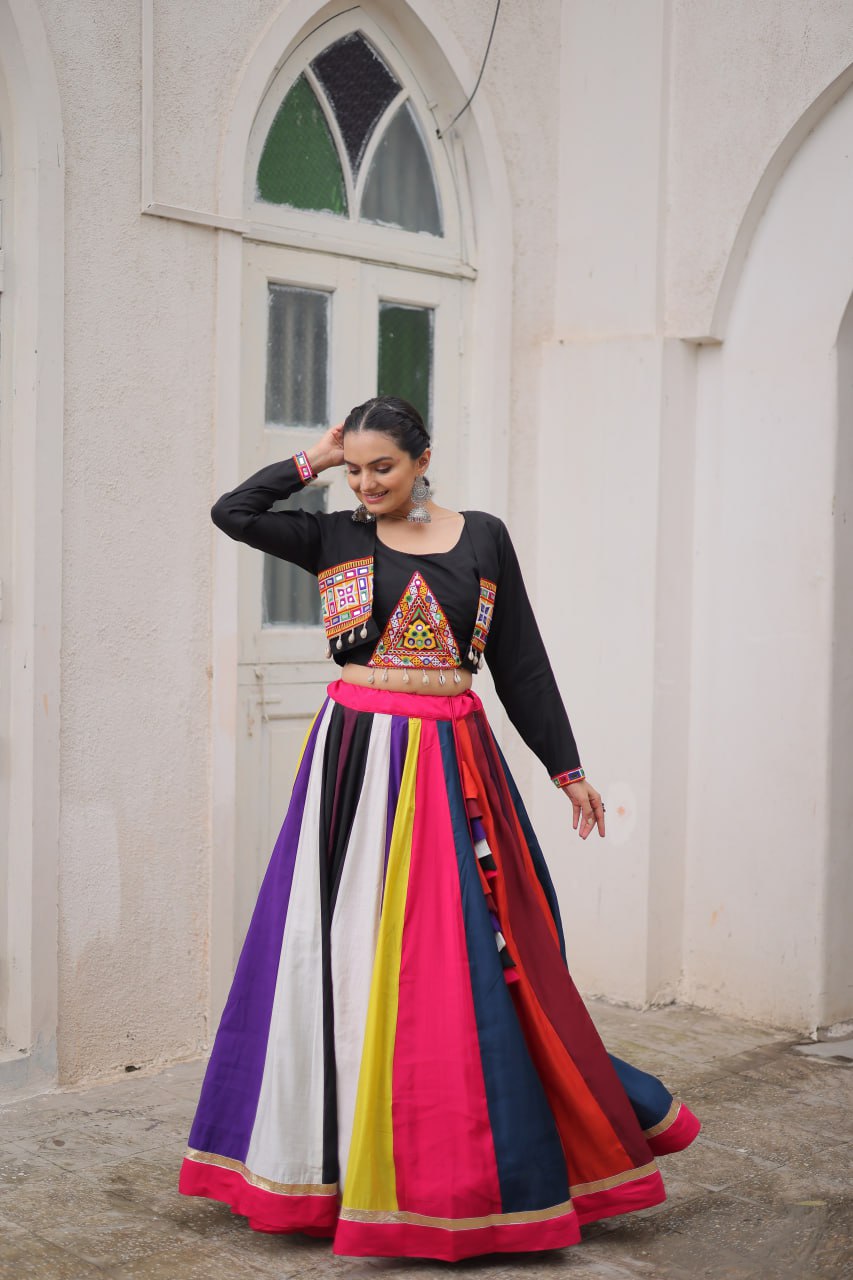 Multicolor Pure Rayon Navratri Lehenga Choli with Koti Style Blouse