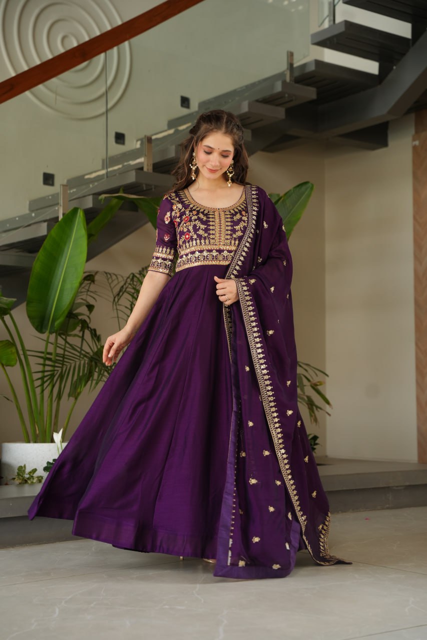 Aadishri Purple Silk Sequins Embroidered Gown