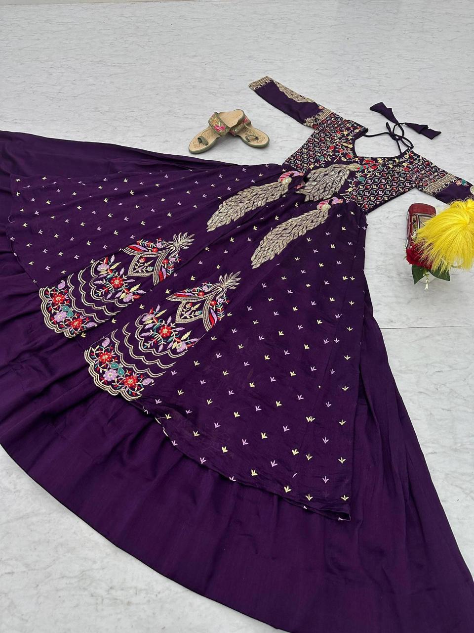 Mani purple Vichitra silk crop top peacock design lehenga with embroidered shrug