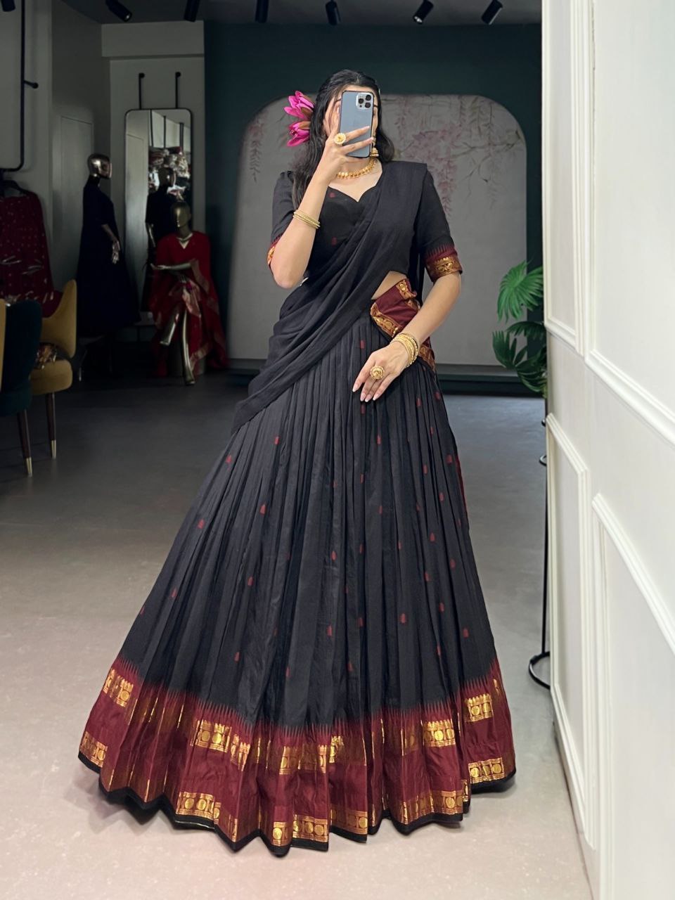 Black Color Pure Chanderi Zari Weaving Half Saree Lehenga Choli