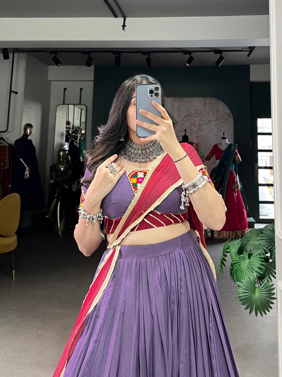 Mauve purple rayon lehenga choli with mirror Gamthi embroidery and dupatta