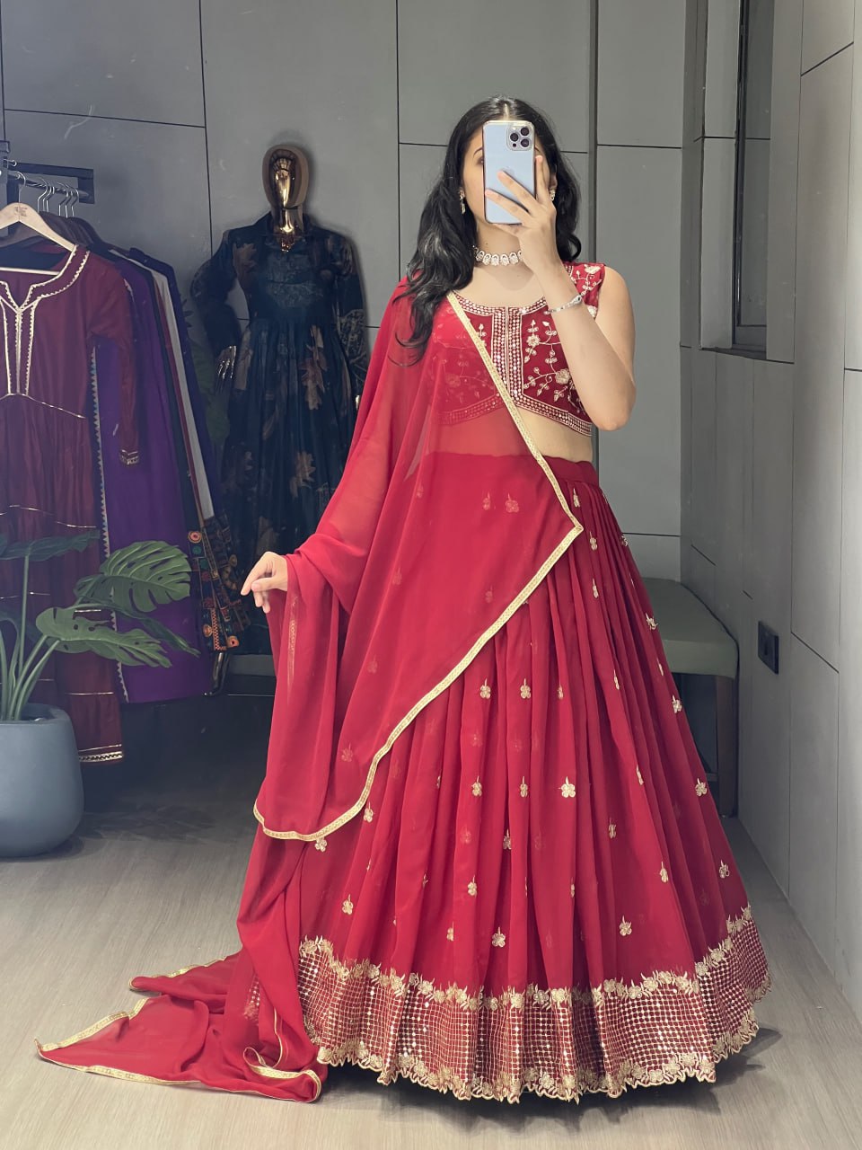 Yami Maroon Color Georgette Embroidered Lehenga Choli with Dupatta