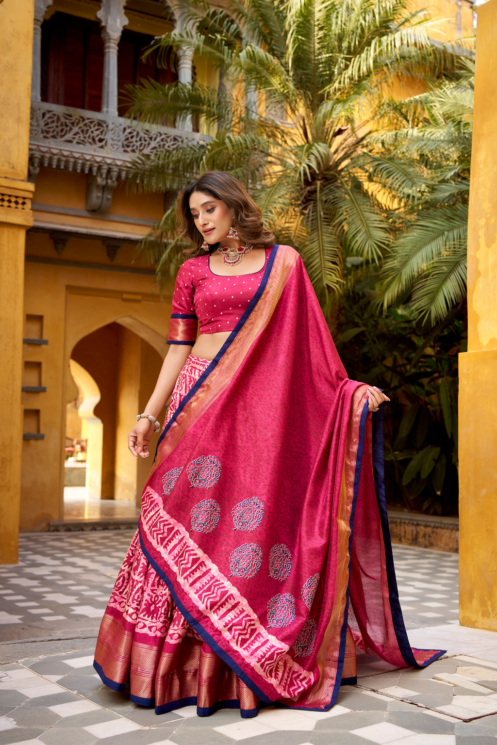 Girija Pink Color Dola Silk Batik Print With Zari
Weaving Work Lehenga Choli