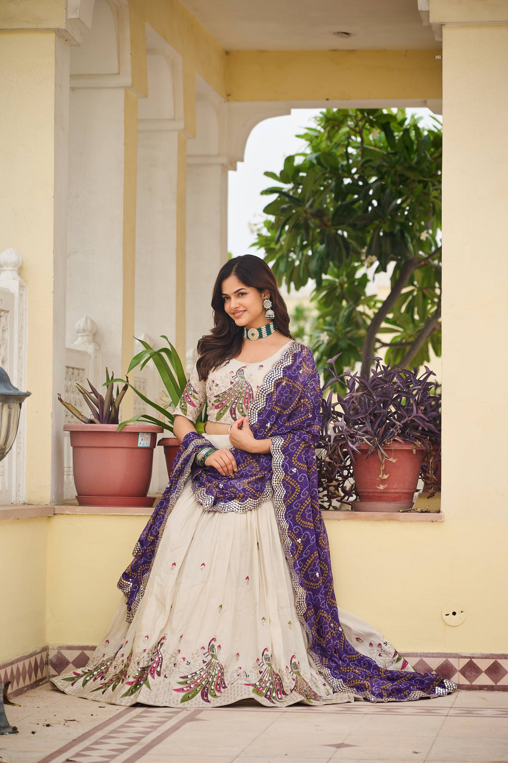 Amla Off-White Tissue Silk Sequins Thread Work Lehenga Choli with Purple Bandhej Dupatta
