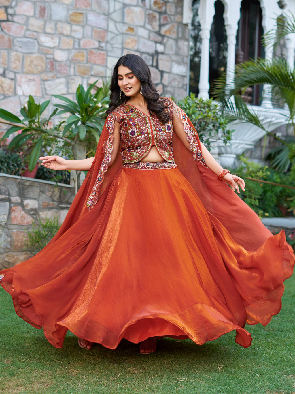 Orange festive wear Fendy silk lehenga choli with embroidery