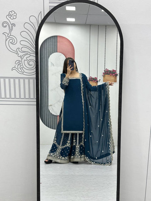 Aroa blue fox georgette kurti palazzo set with embroidery sequence work