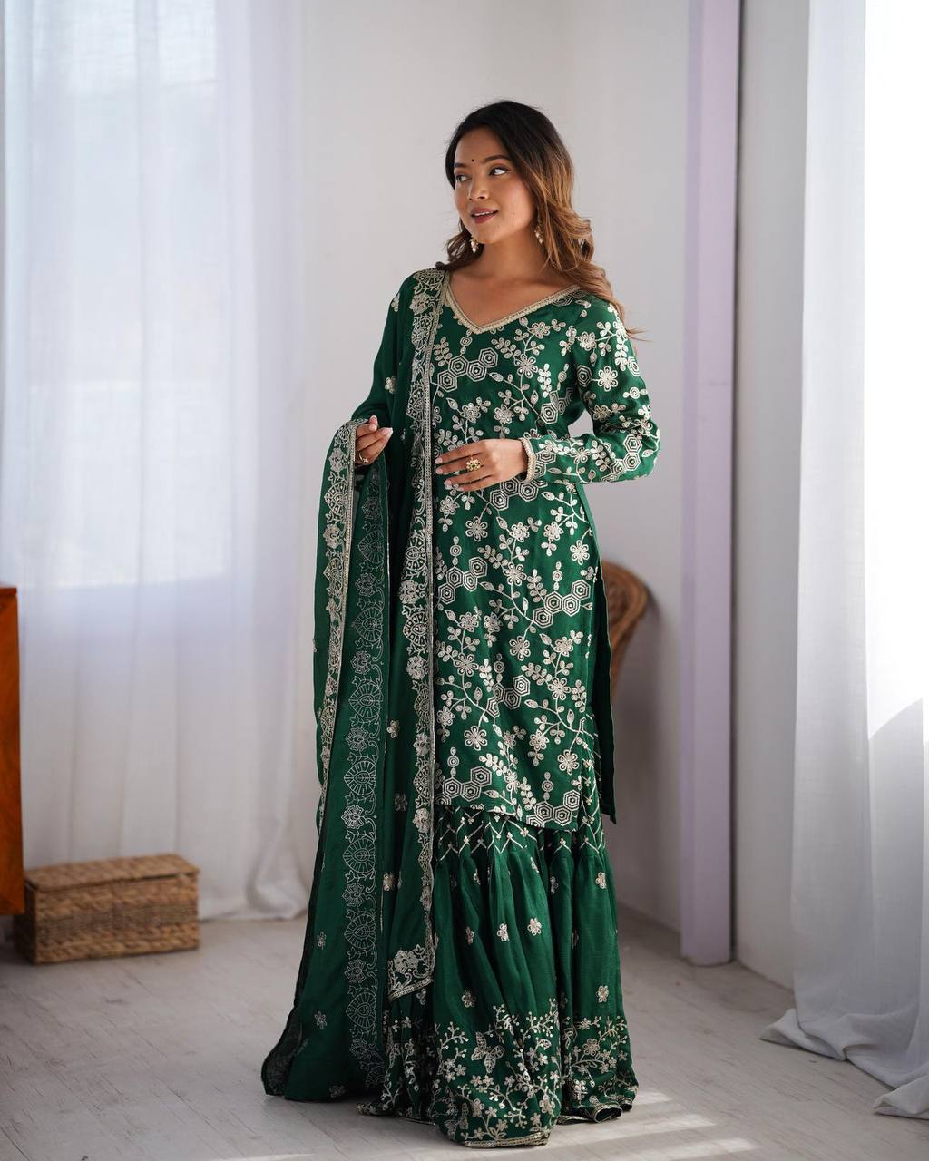  Agnija green Chinon silk sharara suit set for women, featuring thread and sequin embroidery on kurti and dupatta, stitched sharara pants with soft micro lining – perfect festive and wedding ethnic outfit for 2025.