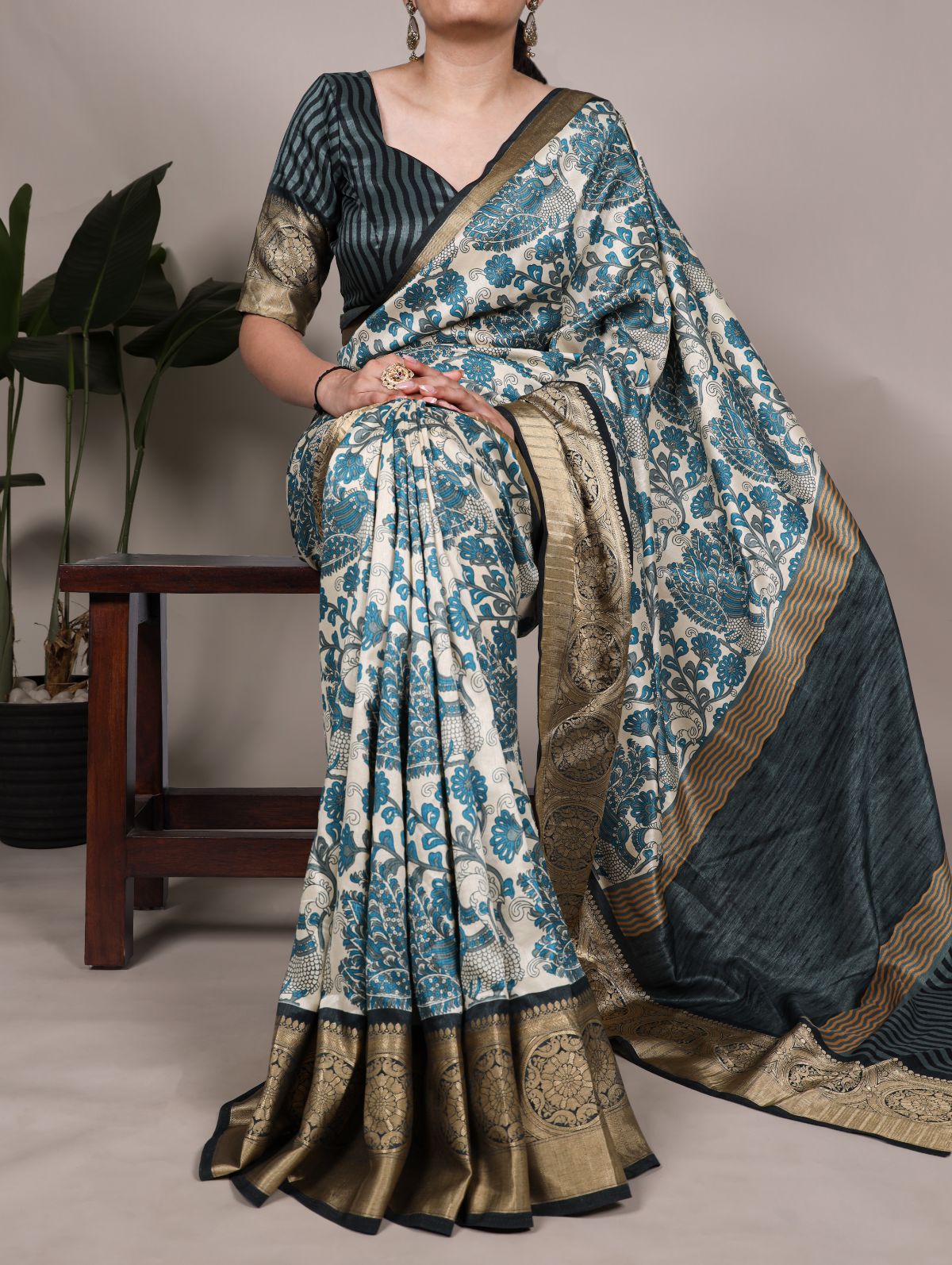 Teal Blue Color Tasar Silk Printed Saree with Viscose Border and Blouse