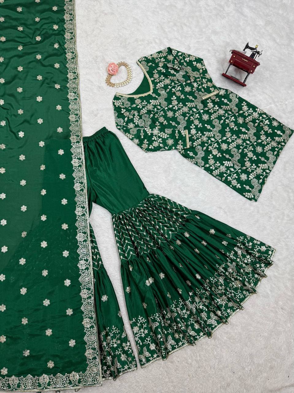  Agnija green Chinon silk sharara suit set for women, featuring thread and sequin embroidery on kurti and dupatta, stitched sharara pants with soft micro lining – perfect festive and wedding ethnic outfit for 2025.