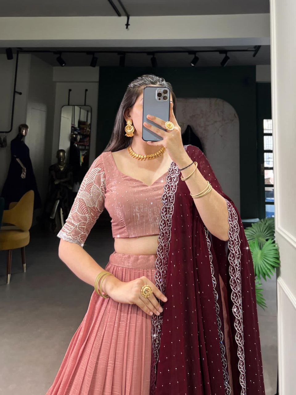 Peach Silver Glossy Embroidered with Hotfix Work Lehenga Choli