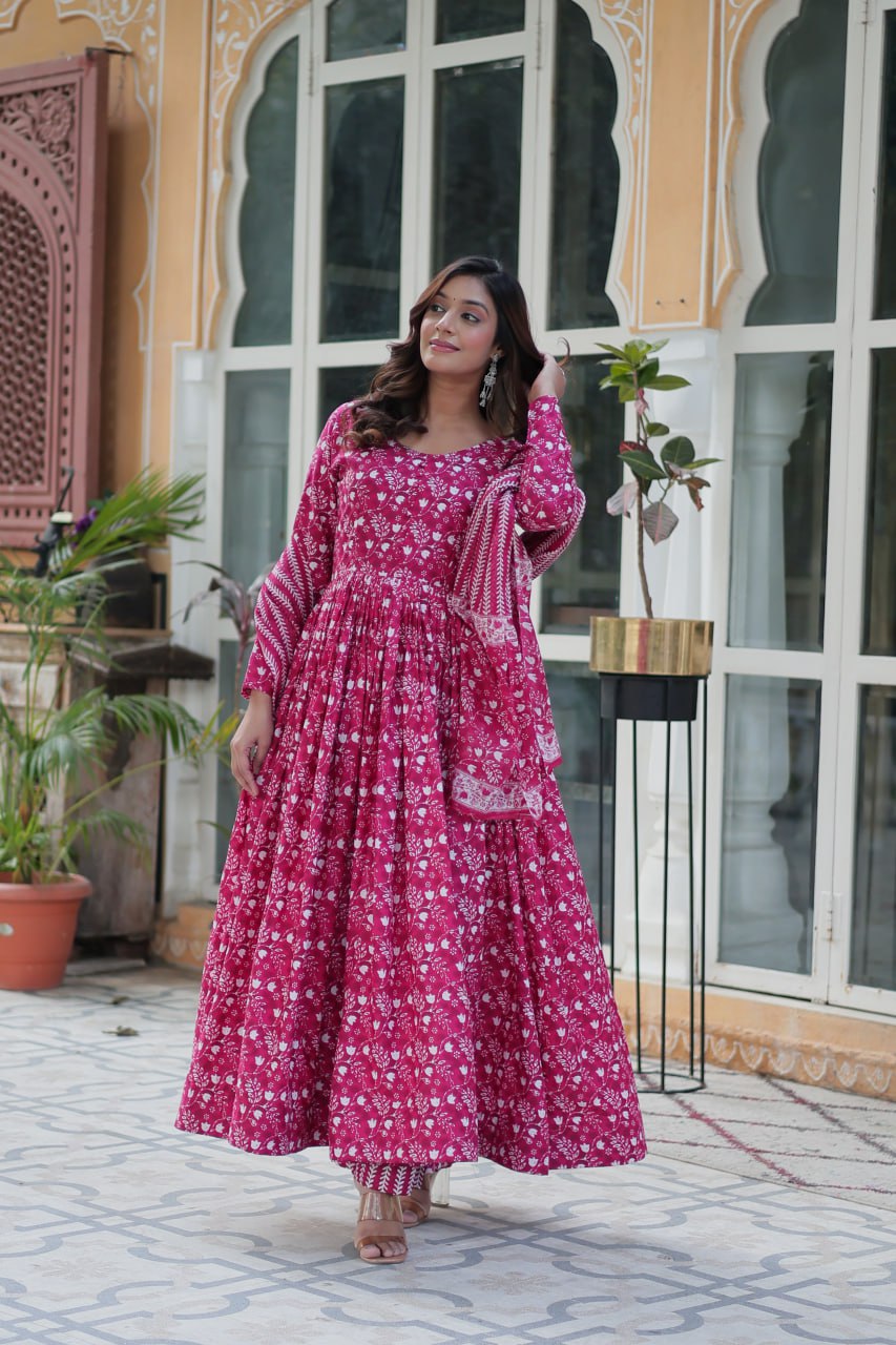 Mahi Pink Pure Cotton Anarkali Set with Dupatta