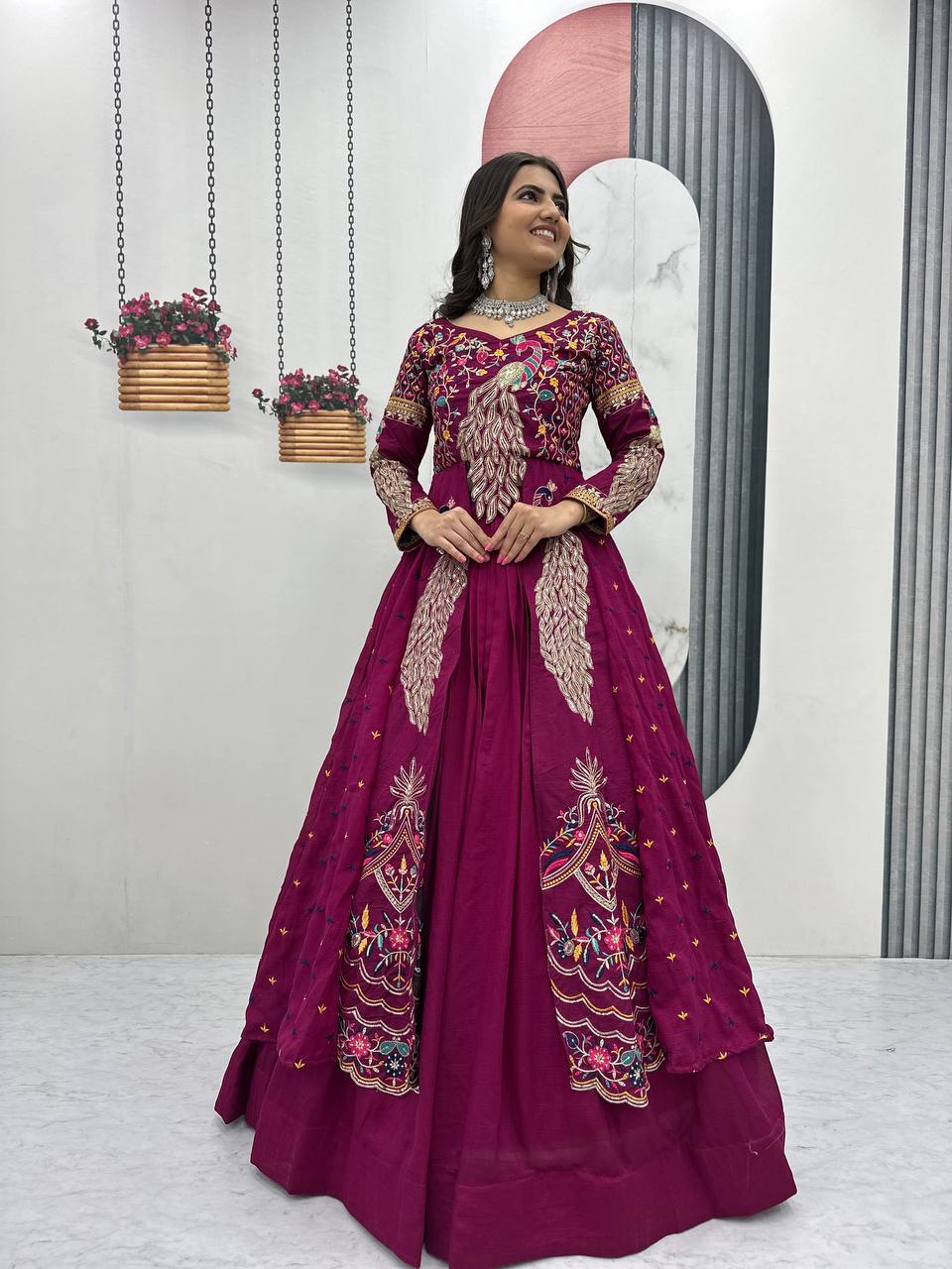 Mani Magneta Vichitra Silk Crop Top Peacock Design Lehenga with Embroidered Shrug
