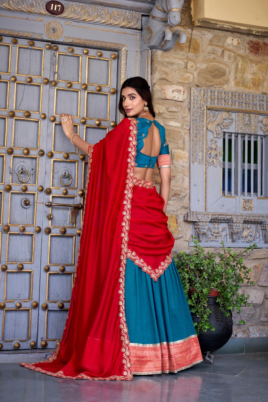 Teal Blue Vichitra Silk Zari Weaving Work Lehenga Choli with Dupatta