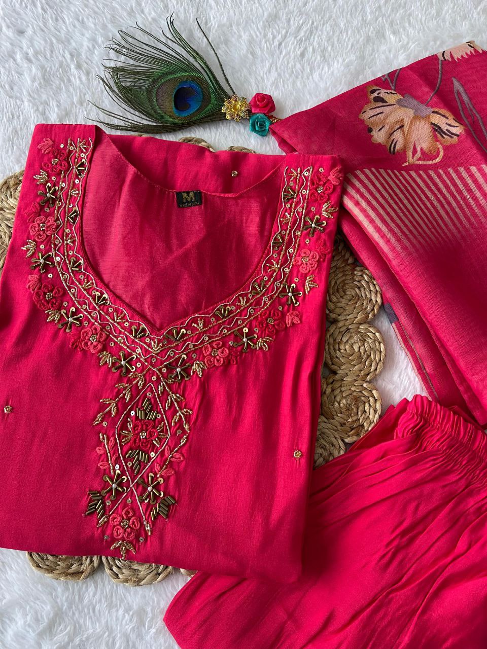 Srija Pink Roman Silk Embroidered Kurti Set with Dupatta