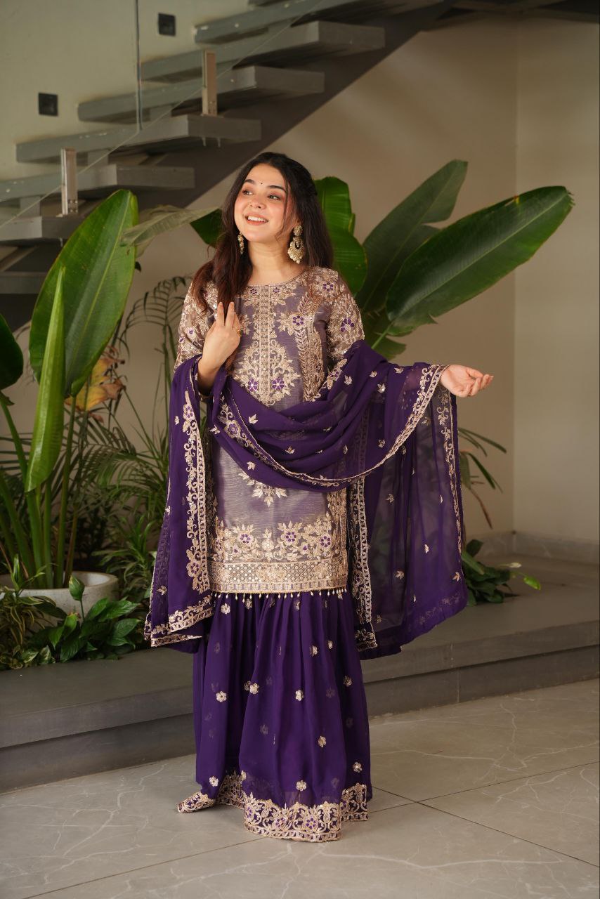Purple Crazy Silk Embroidered Kurti Palazzo Set with Dupatta