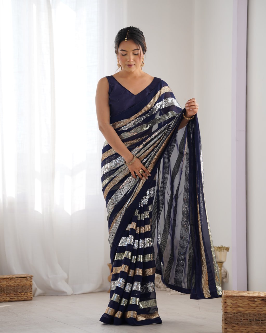 Kira Deep Blue Sequin Embroidery Georgette Saree