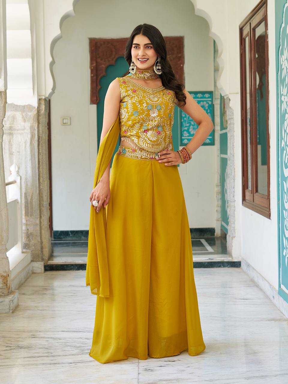 Stuti Mustard Yellow Star Georgette Sequins Thread Embroidery Work Top Palazzo Set