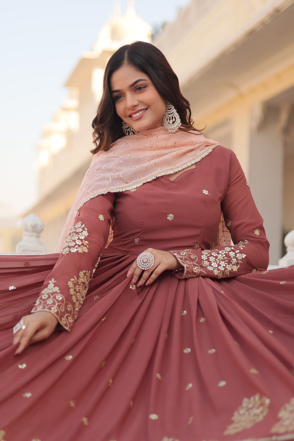 Vasudha brown georgette embroidered anarkali gown set