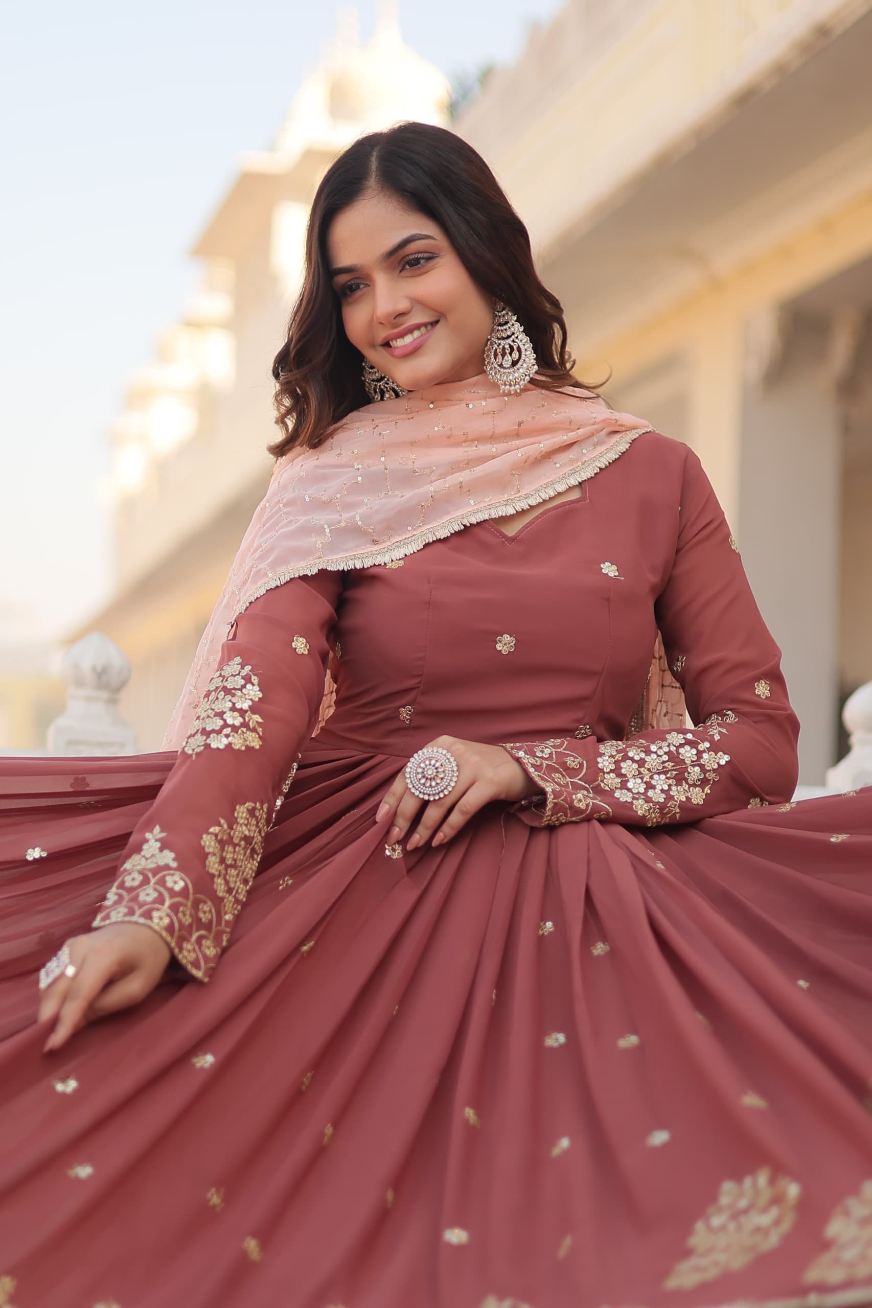Vasudha brown georgette embroidered anarkali gown set