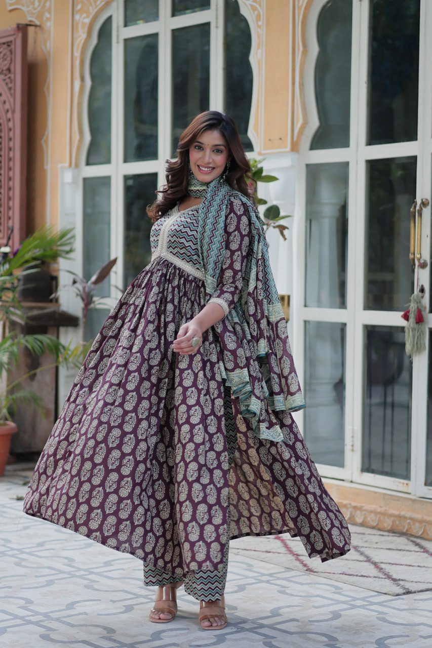 Brown printed pure cotton kurti set for women, lightweight kurti with pant and dupatta, daily wear cotton kurti set, breathable cotton ethnic wear for summer, stylish printed kurta set for casual and office wear, Indian cotton kurti pant set online, elegant brown ethnic suit for women, pure cotton kurti set with traditional print.