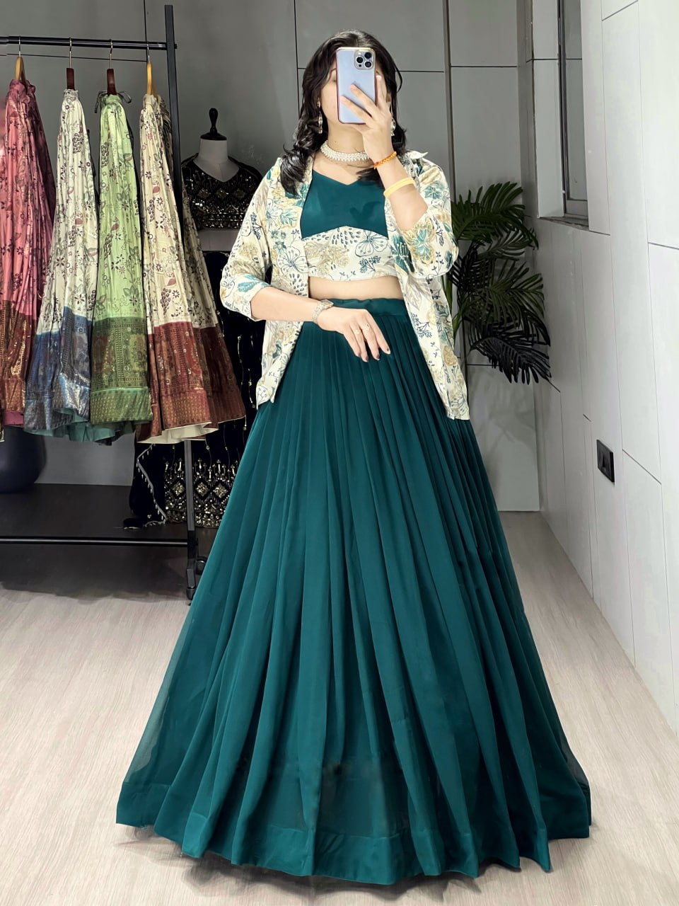 Alka Teal Green Color Georgette Foil Printed Lehenga Choli with Koti