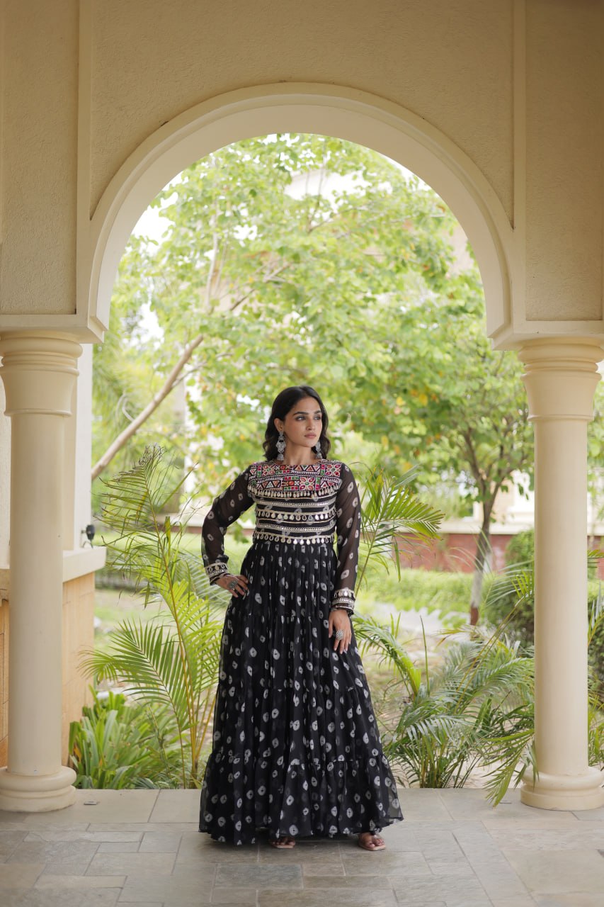 Lavanya Black Faux Georgette Bandhani Kutchi Patchwork Gown